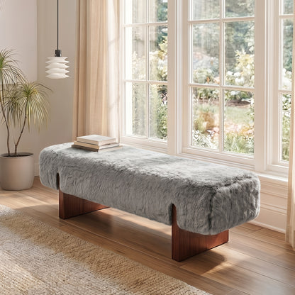 Faux Fur Upholstered Bench with Wood Legs — grey upholstery option.