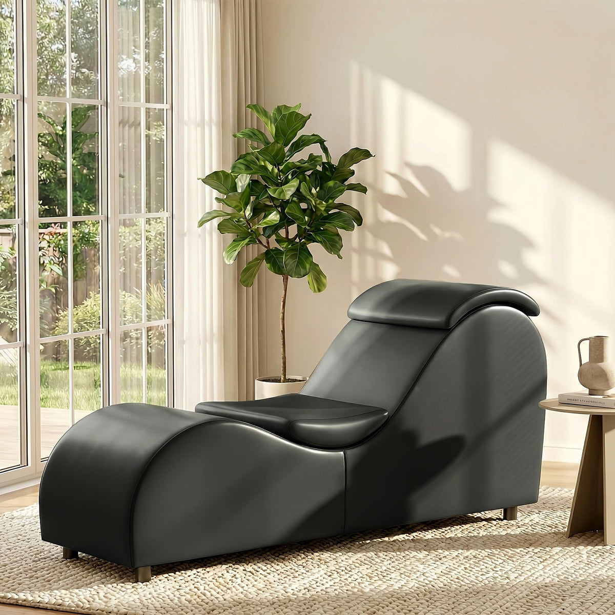 Black faux leather curved yoga chaise lounge