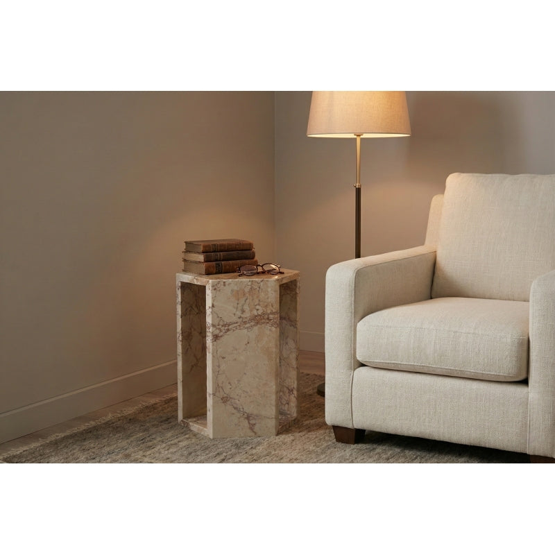 Luxury Natural Pink Marble Side Table with Hexagon Geometric Stone Pedestal Base - Modern Polished Marble Top Accent Table Suitable for Living Room, Bedroom, Small Spaces, Compact Furniture, No Assembly Required,