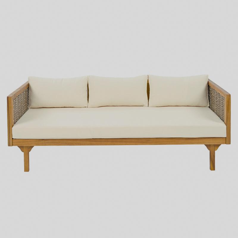 Front studio view of the straight patio sofa and beige back cushions