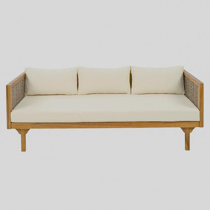 Front studio view of the straight patio sofa and beige back cushions