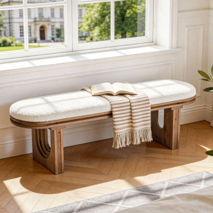 47-Inch Cream Seat Bench with Arched Wood Legs — bench beneath a living room window