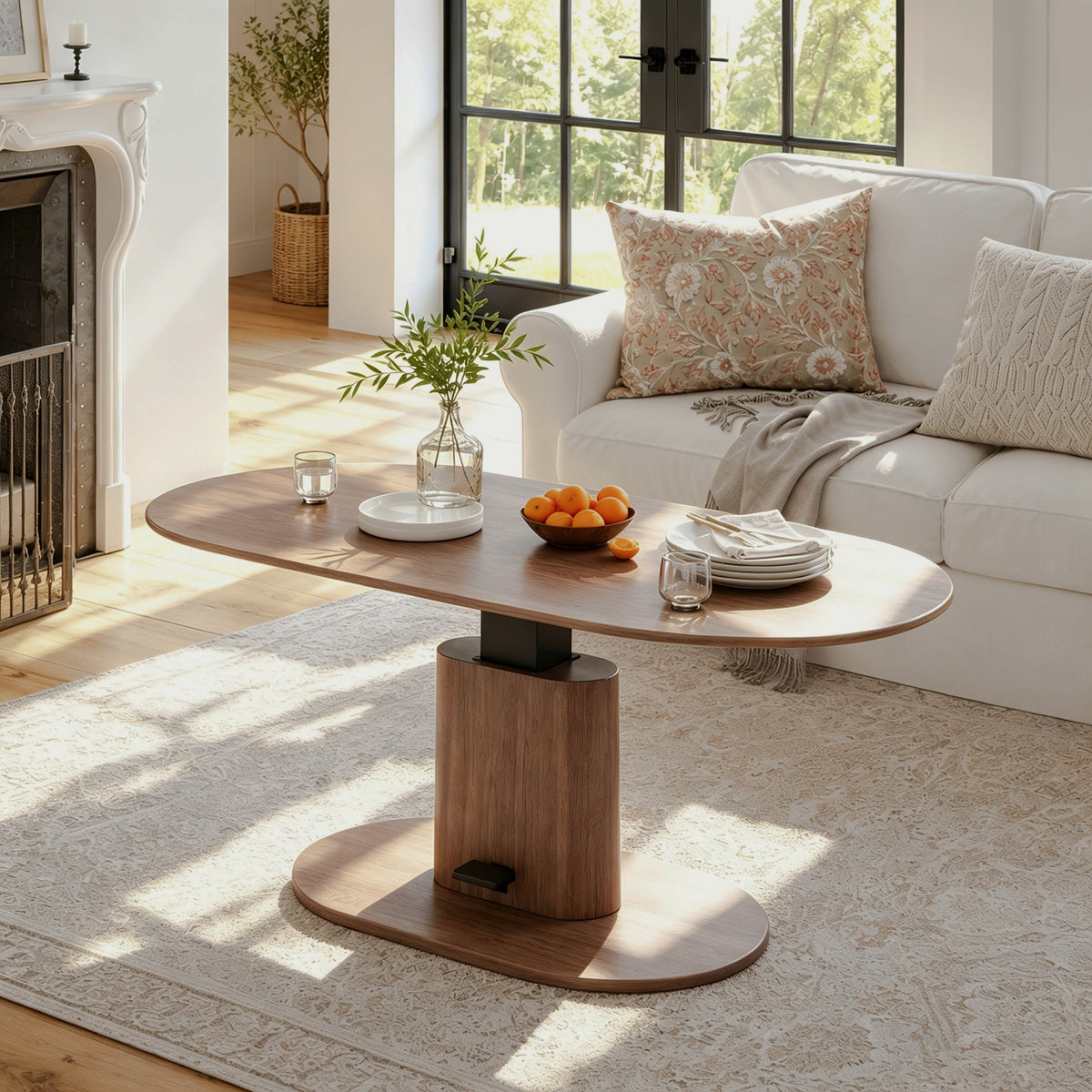 Oval Walnut-Look Height-Adjustable Coffee Table