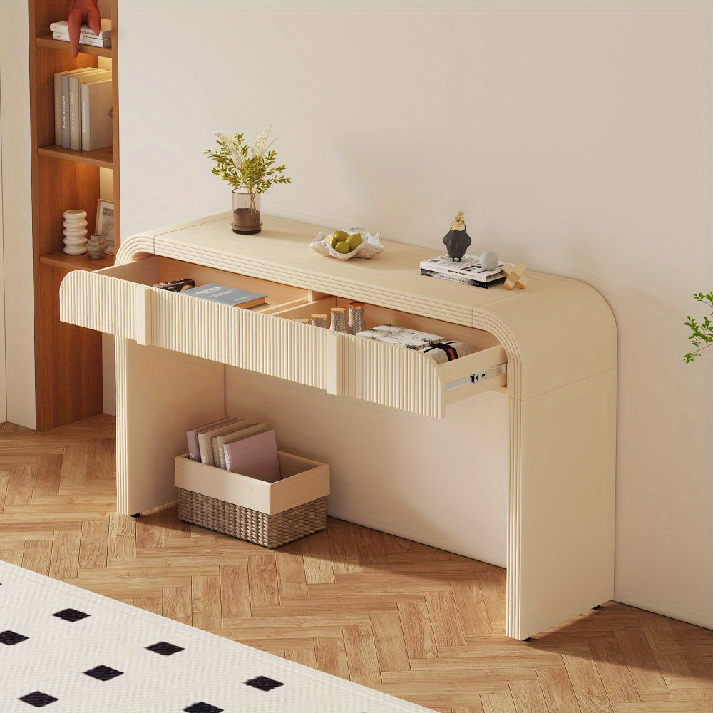 Apricot Cream console with both grooved drawers open.