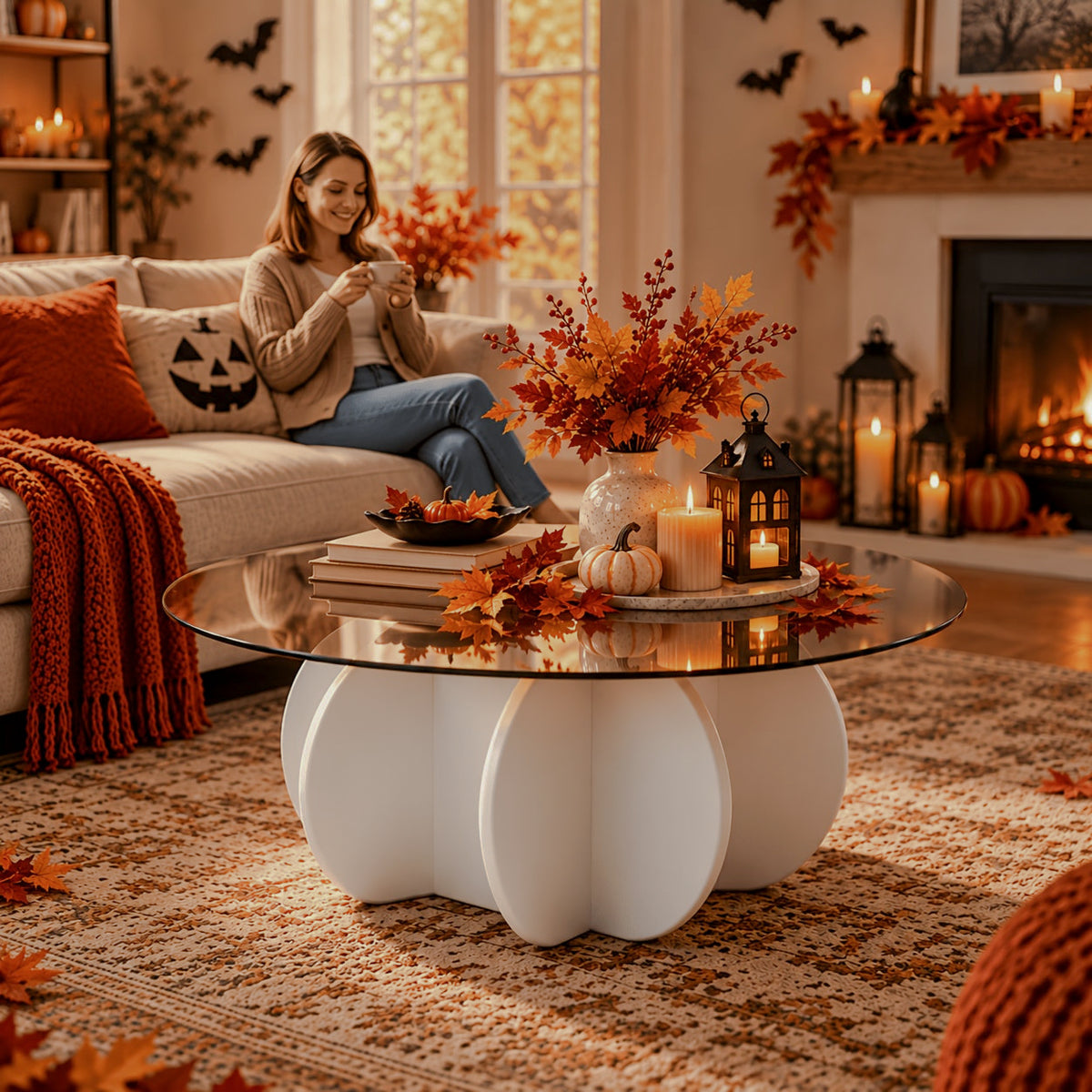 White petal-base table in seasonal styling