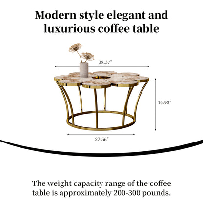 Coffee table dimension and capacity graphic with a flower-shaped top