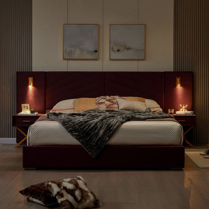 Burgundy upholstered bed frame with headboard lights and integrated nightstands