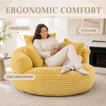 Round Corduroy Bean Bag Chair with Three Pillows — yellow seated scale and pillow feature panel