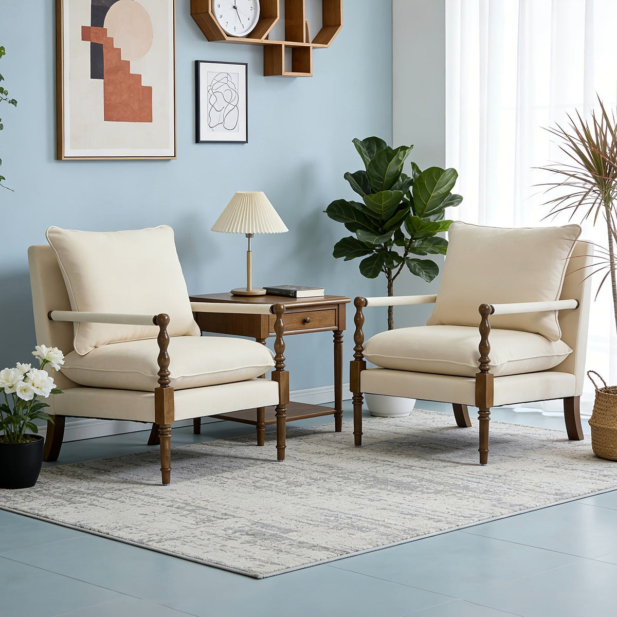 Beige upholstered accent chair with turned wood front posts
