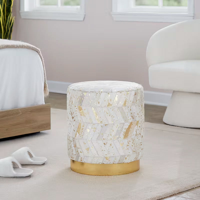 Ivory and Gold Chevron Leather Ottoman — ivory and gold ottoman in a bedroom