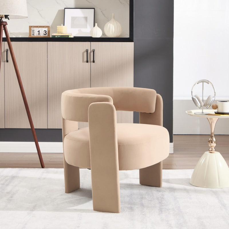 Beige Cutout-Back Velvet Accent Chair — angled rear view of the beige chair