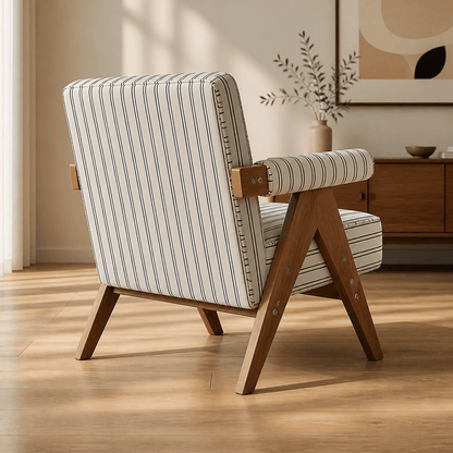 Patterned Accent Chair with Rubberwood Frame — rear view of the white striped chair