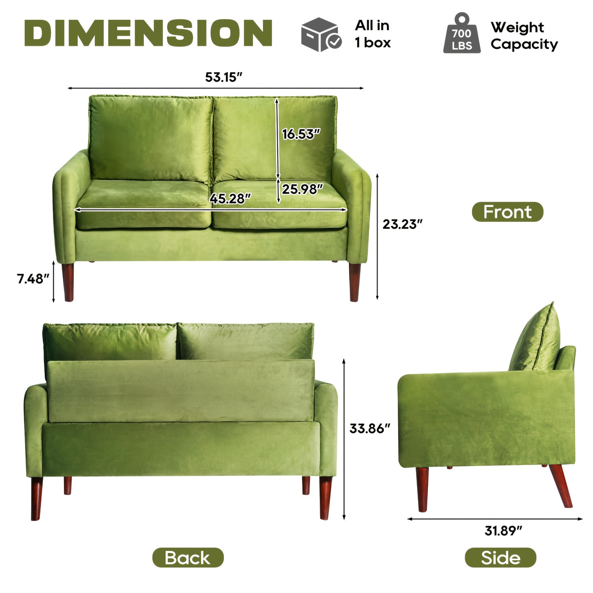 Bilhilury Velvet Loveseat — supplier dimension diagram.