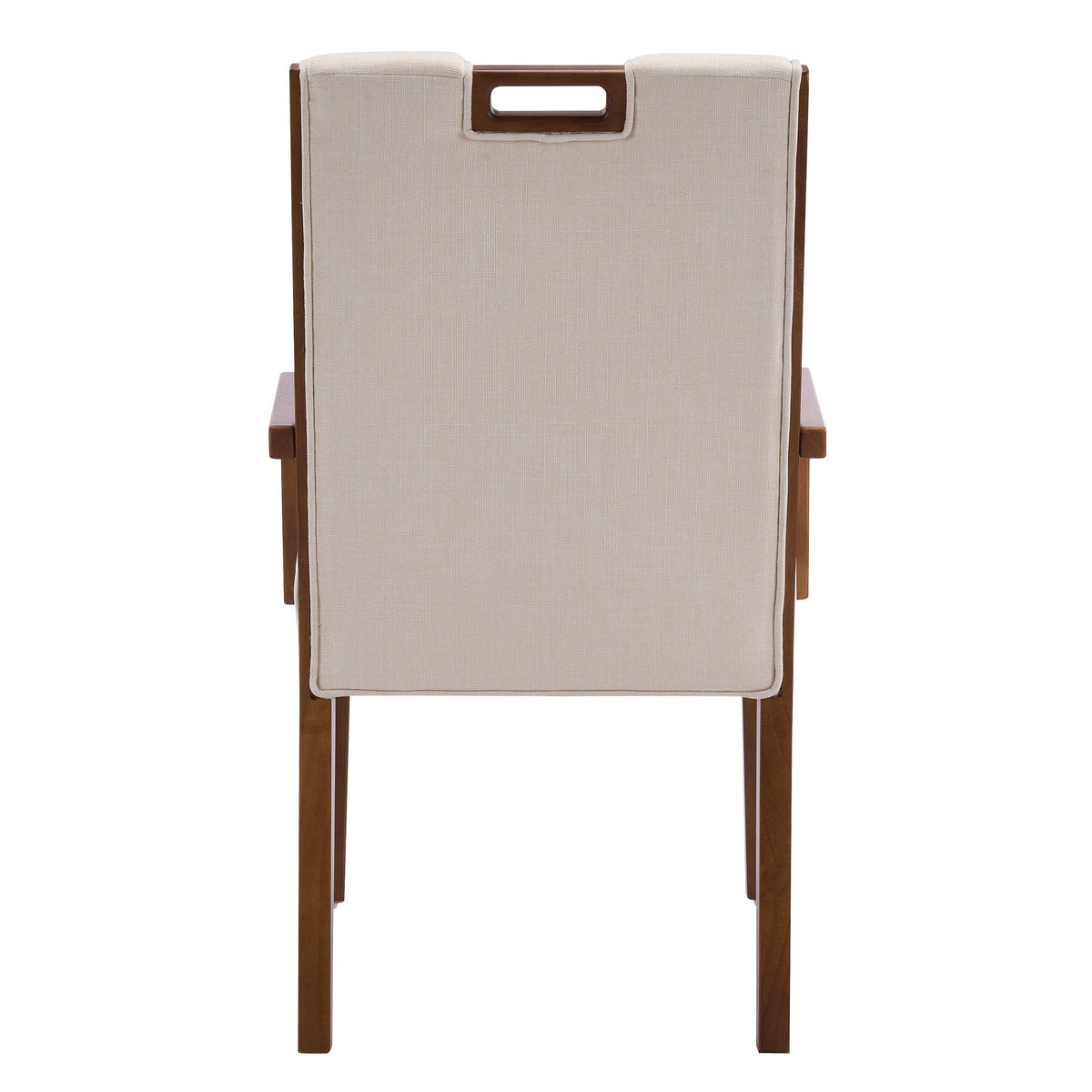 Walnut finish beige upholstered dining armchair with a rubberwood frame