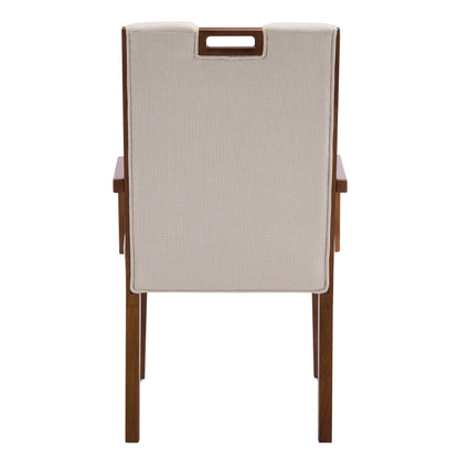 Walnut finish beige upholstered dining armchair with a rubberwood frame