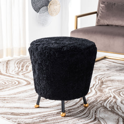 Oriana Black Shag Ottoman — black shag ottoman in a living room