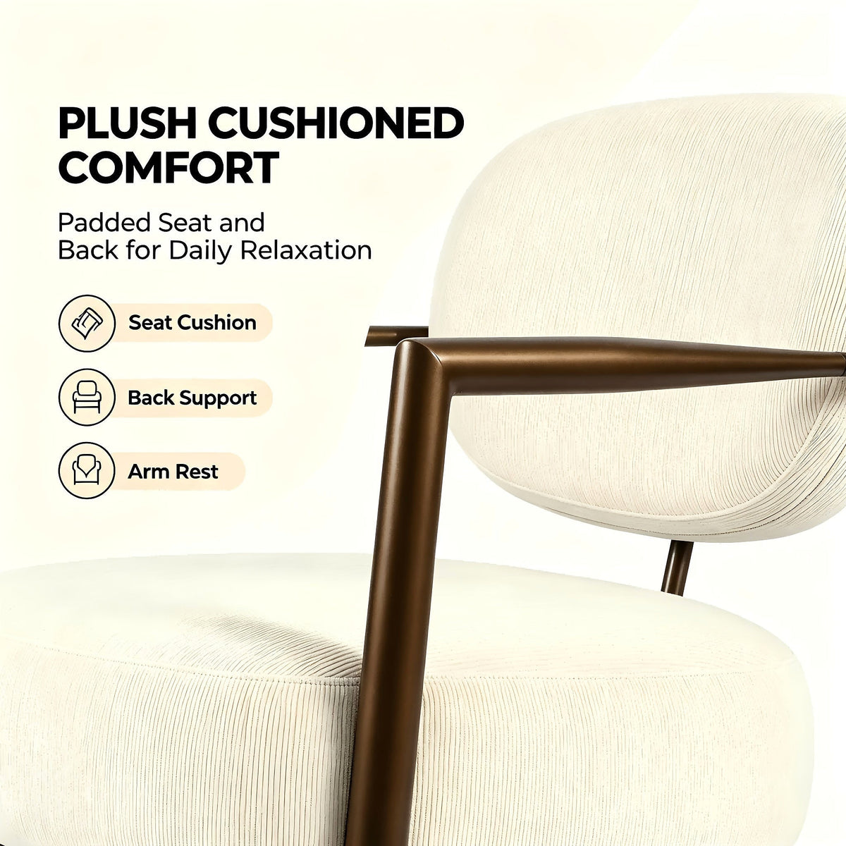 White fabric accent chair with an oval back and gold tone metal frame