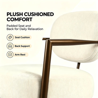 White fabric accent chair with an oval back and gold tone metal frame