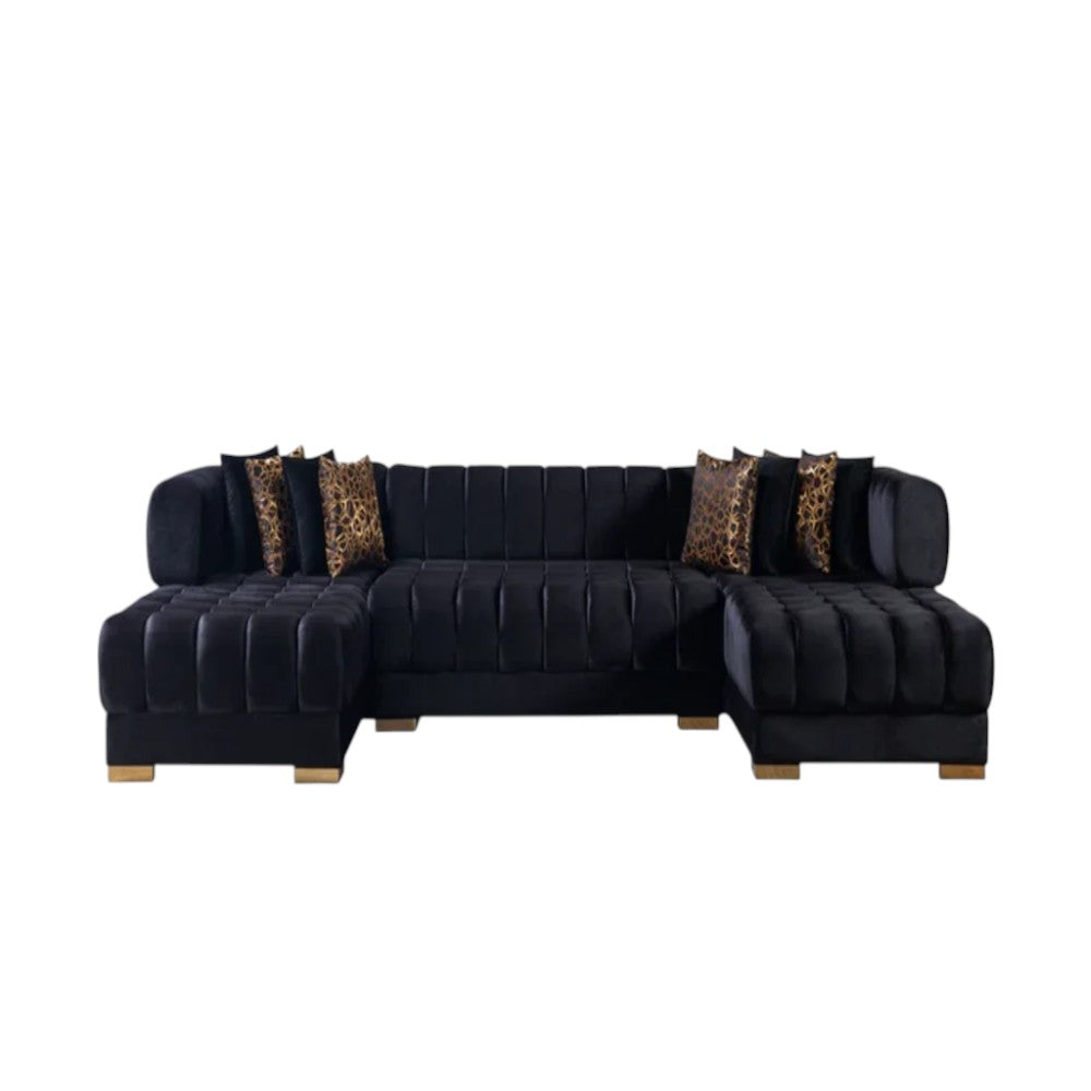 Black Velvet U Shaped Three Piece Sofa and Chaise Sectional With Toss Pillows - 643884 - Multi