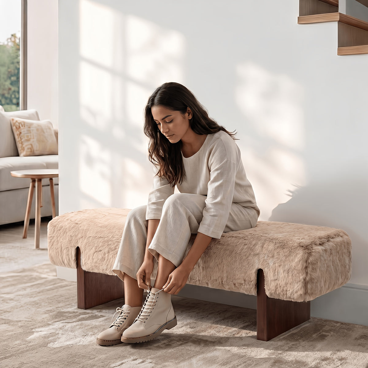 Faux Fur Upholstered Bench with Wood Legs — bench used as entryway seating.