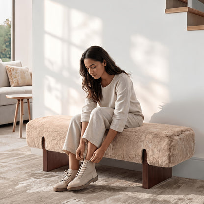 Faux Fur Upholstered Bench with Wood Legs — bench used as entryway seating.