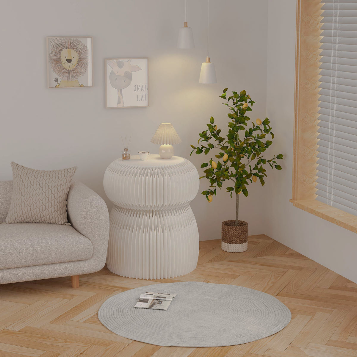 White folding side table with round white top beside a sofa