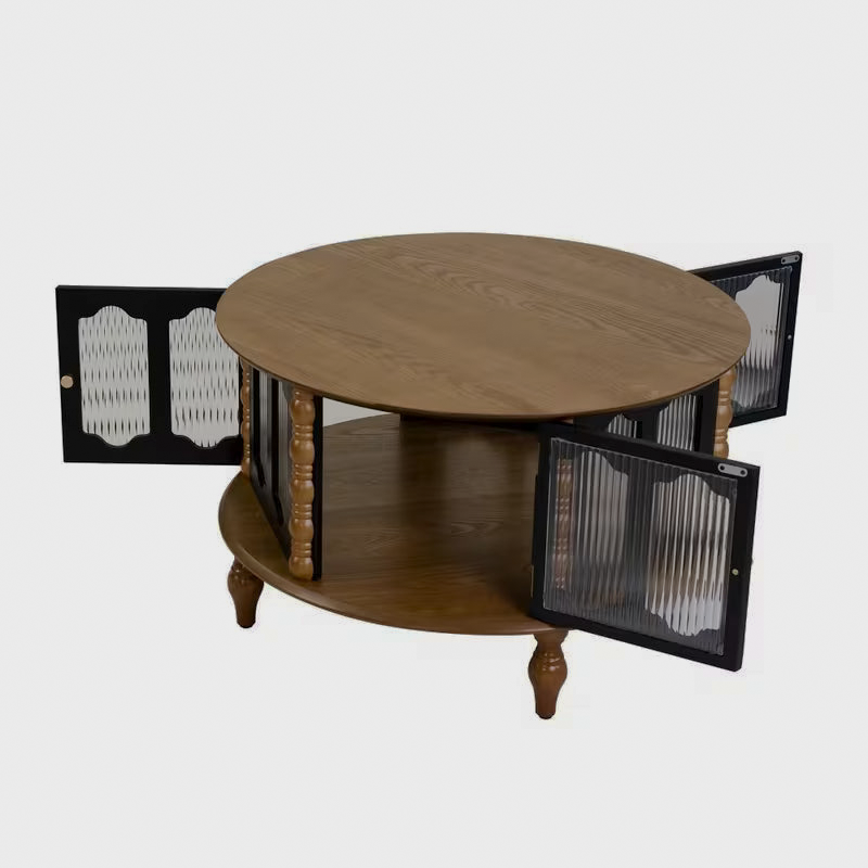 Round coffee table on a white background with all three storage doors open