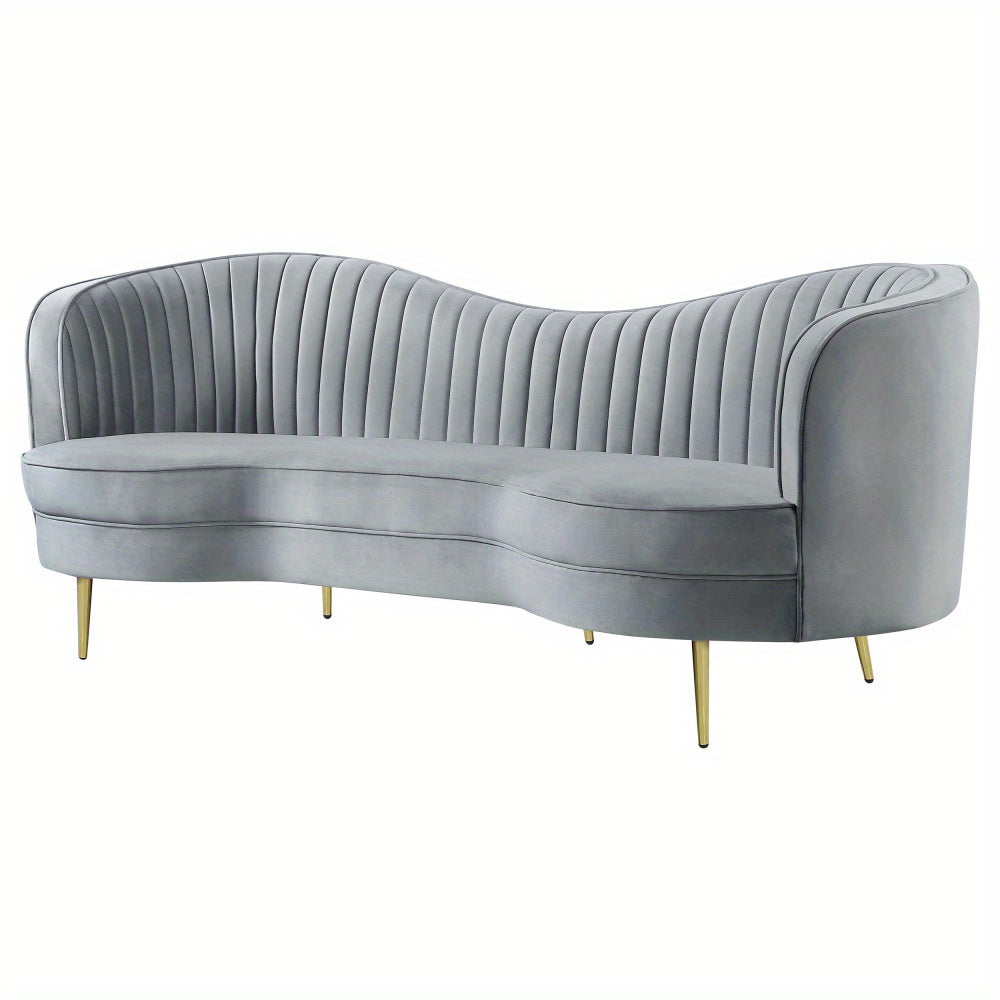 Grey Channel-Tufted Sofa with Gold-Tone Legs — three-quarter product view.