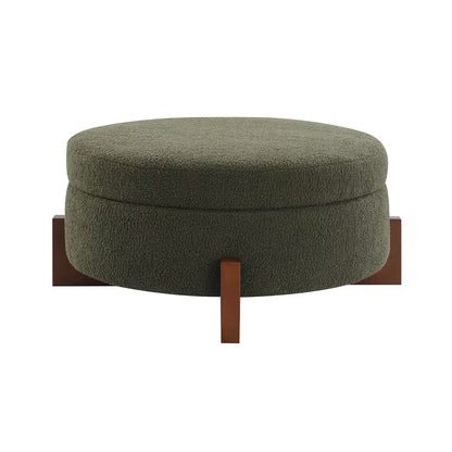 Front view of olive round storage ottoman
