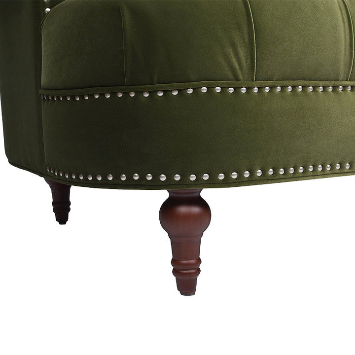La Rosa Olive Green Velvet Chesterfield Sofa — nailhead trim and turned leg detail