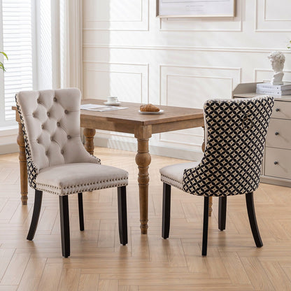 Beige velvet dining chair with a patterned back and dark wood legs