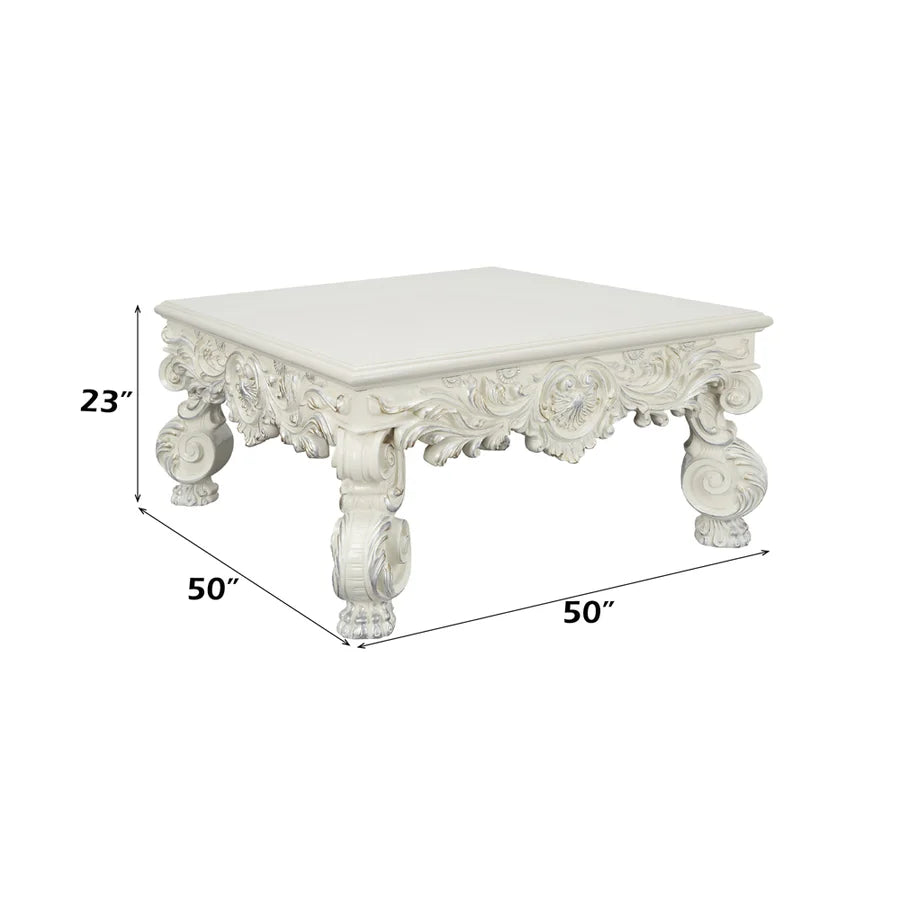 Dimension diagram of ornate cream square coffee table with width, depth and height labels