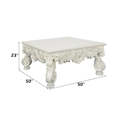 Dimension diagram of ornate cream square coffee table with width, depth and height labels