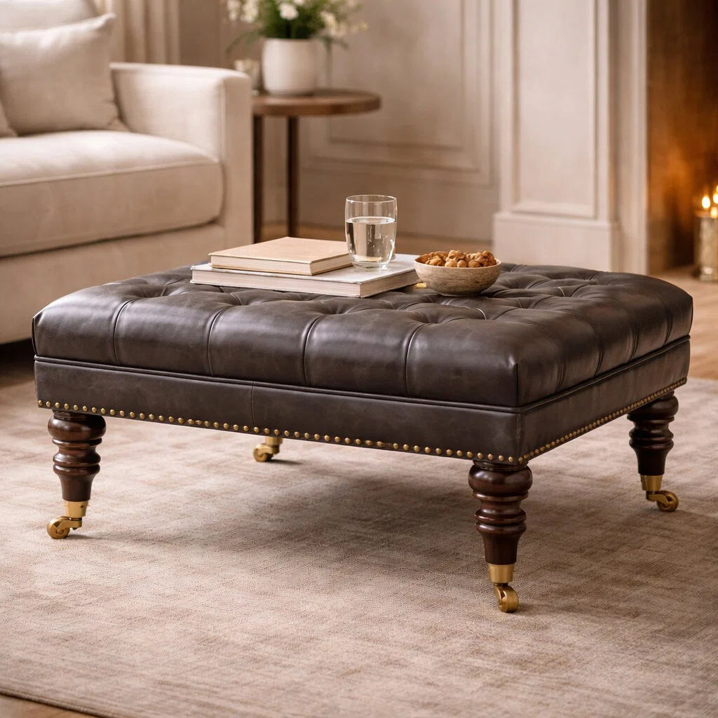 Black tufted ottoman styled with books and a glass beside a sofa