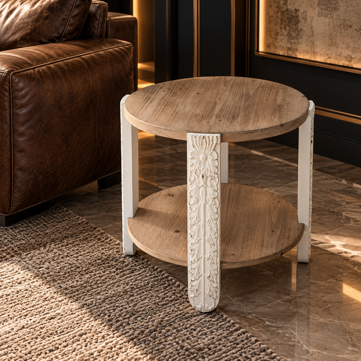 Round Two-Tier Side Table in Natural Brown and White — main product image
