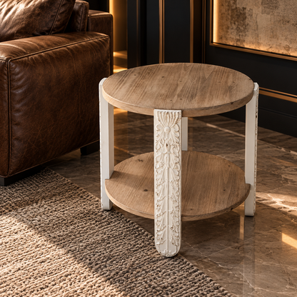 Round Two-Tier Side Table in Natural Brown and White — main product image