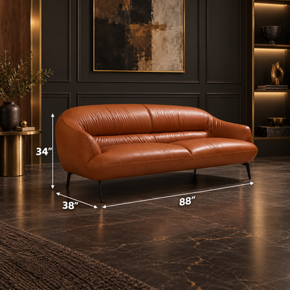 Leonia Cognac Sofa — decorative dimension overlay.