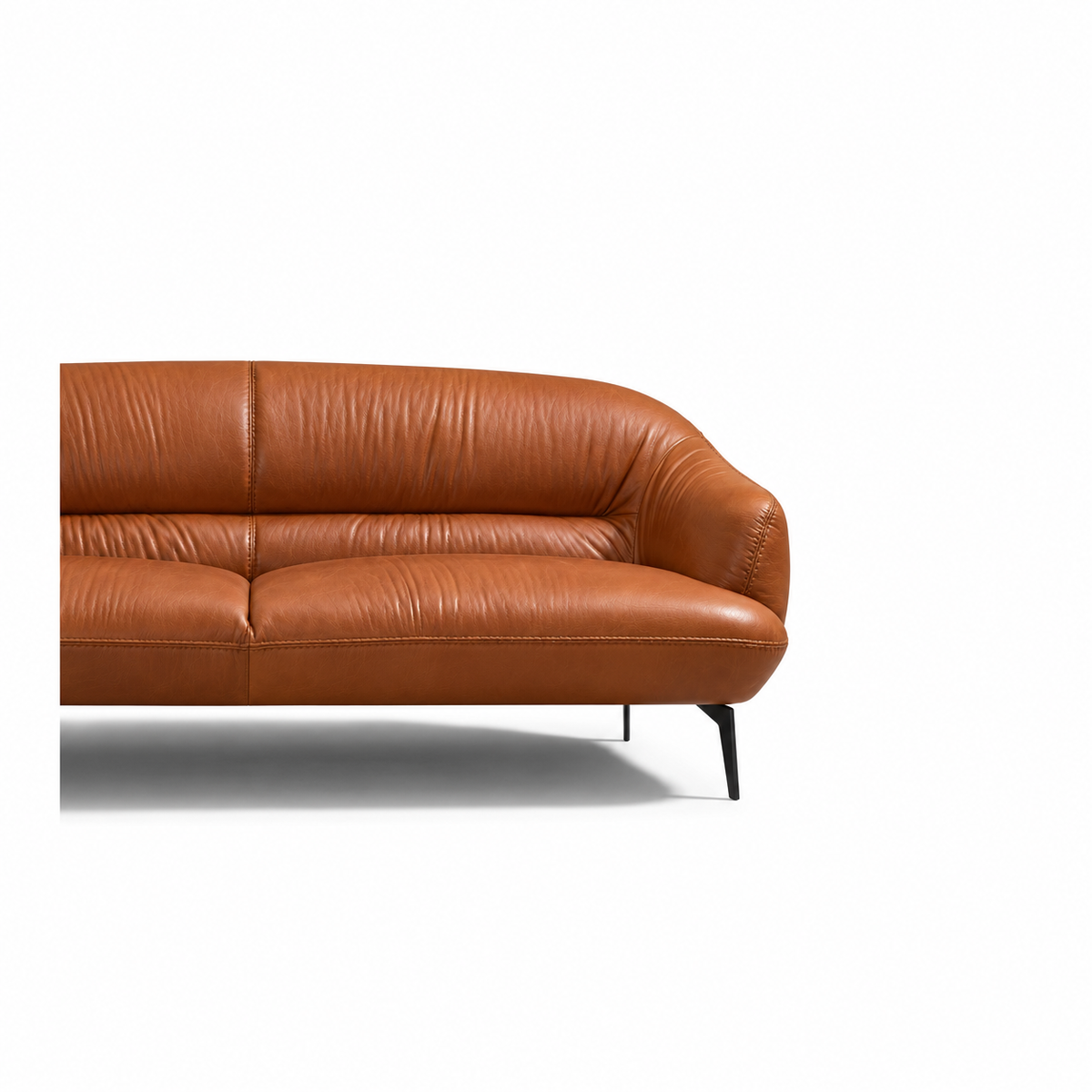 Leonia Cognac Sofa — right upholstery and arm detail.