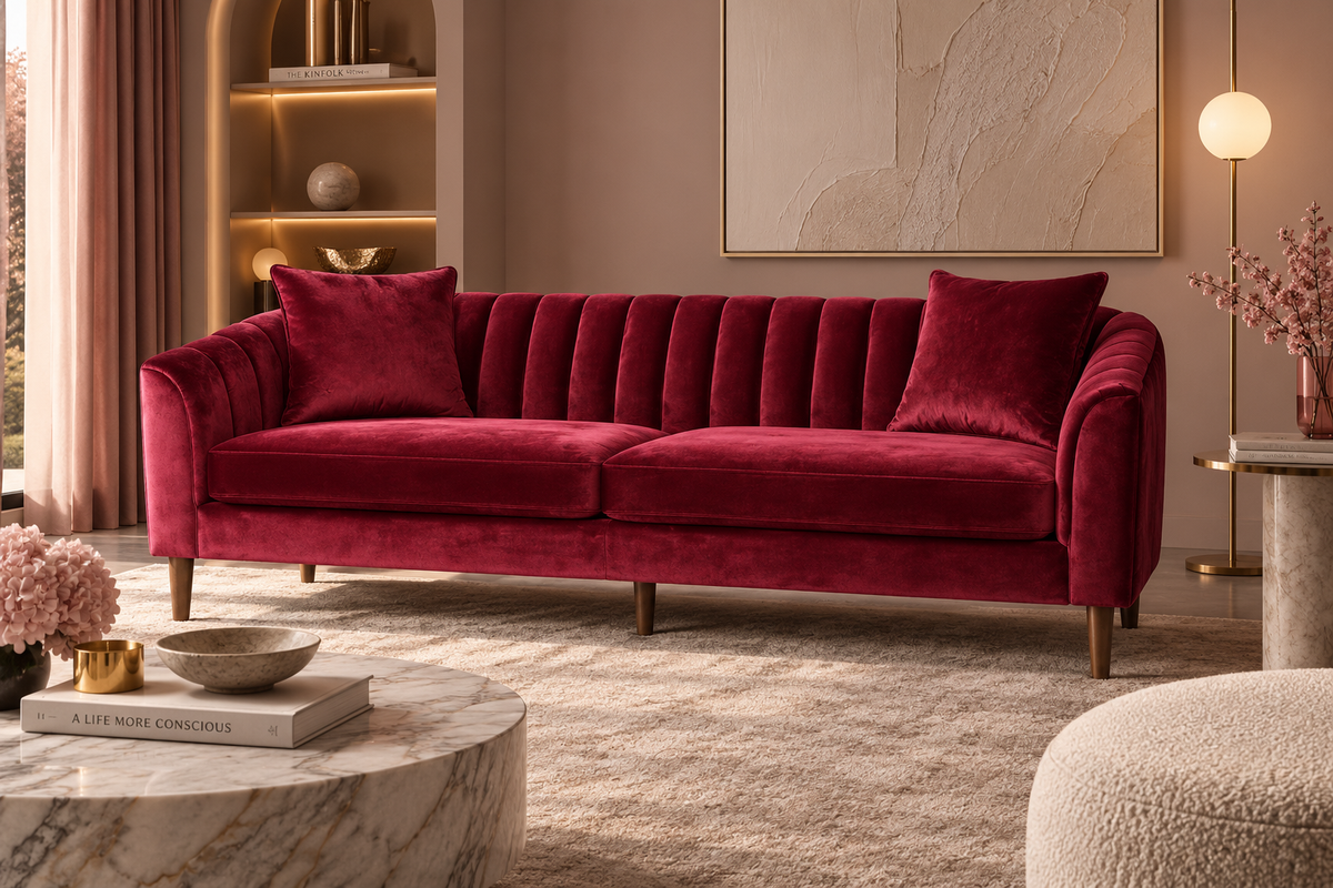 Wine Red Channel-Tufted Sofa — wine red sofa in a warm luxury room.