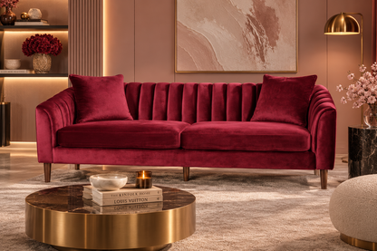 Wine Red Channel-Tufted Sofa — front view in a styled living room.
