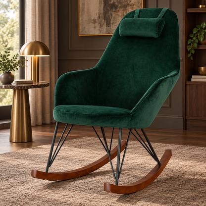 Chloe green velvet rocking chair with wood runners