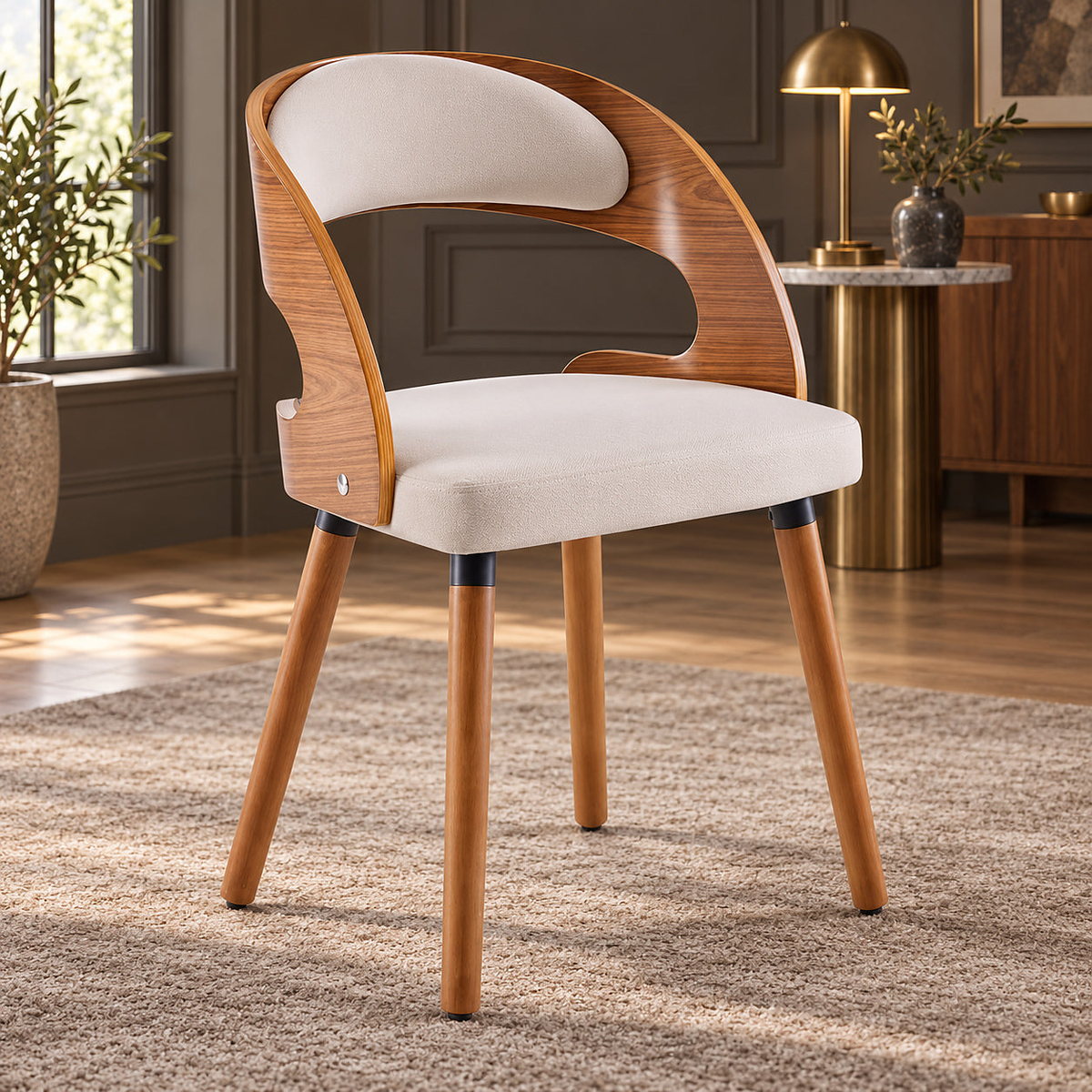 White upholstered dining chair with a curved brown wood look back