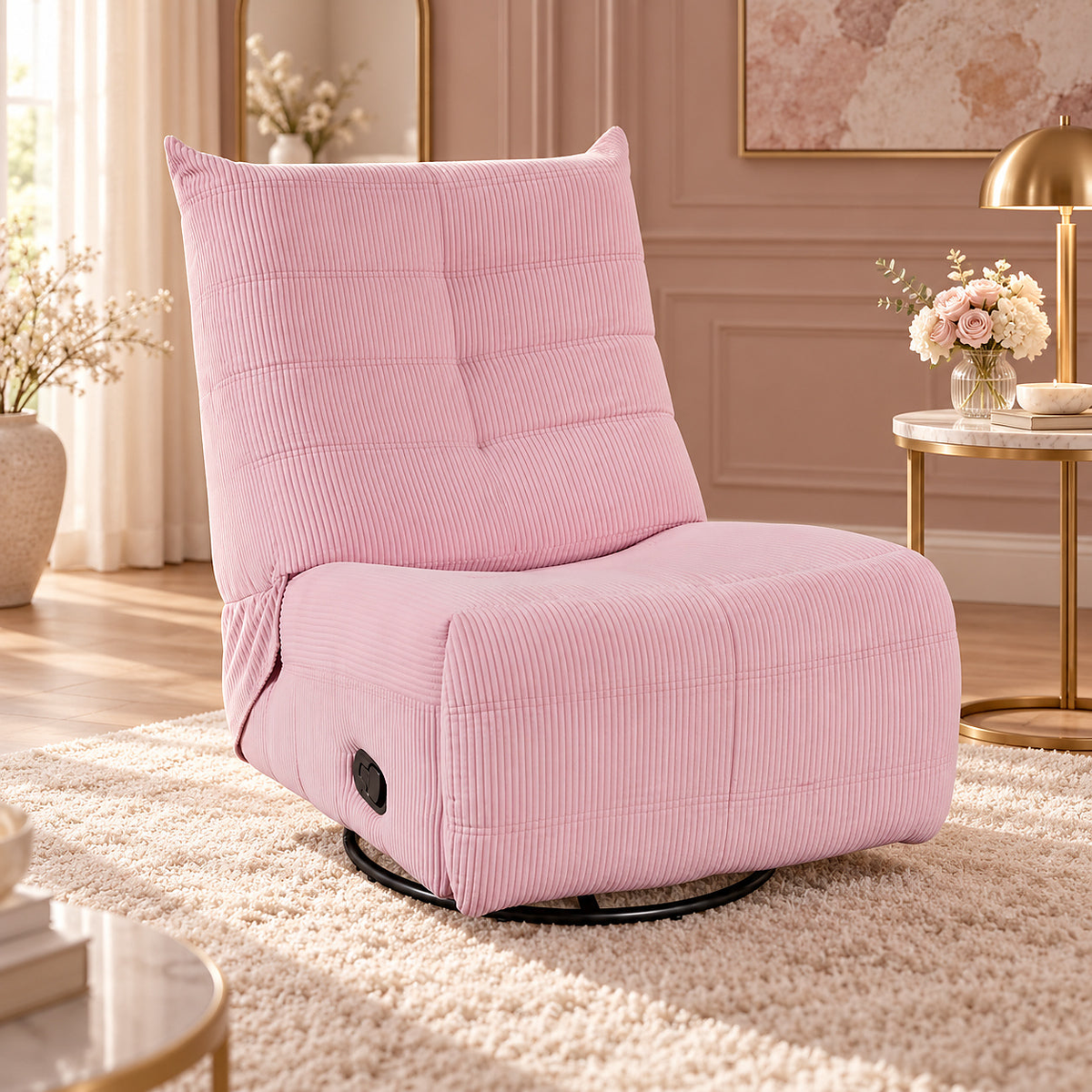 Georgena pink corduroy swivel glider recliner — living room setting