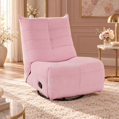 Georgena pink corduroy swivel glider recliner — living room setting