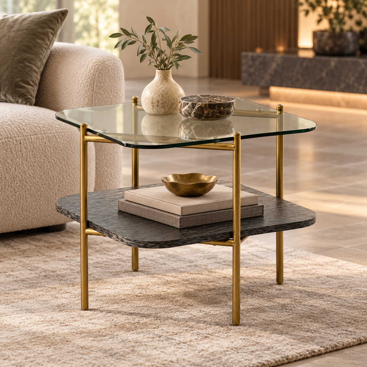 20-Inch Gold and Glass Square End Table with Shelf — main product image