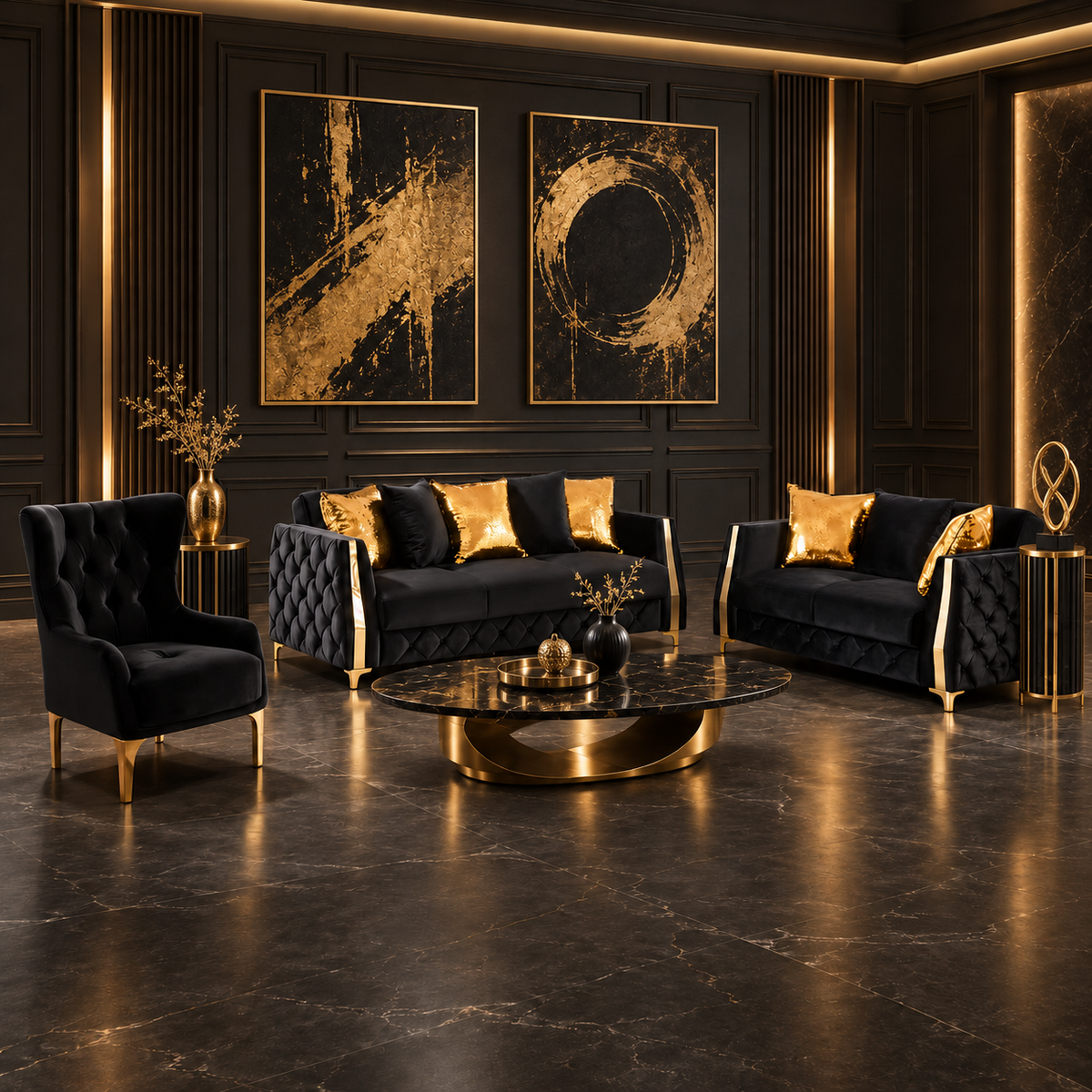 Lippa Black Three-Piece Sofa Set — black seating set in a dark luxury room.