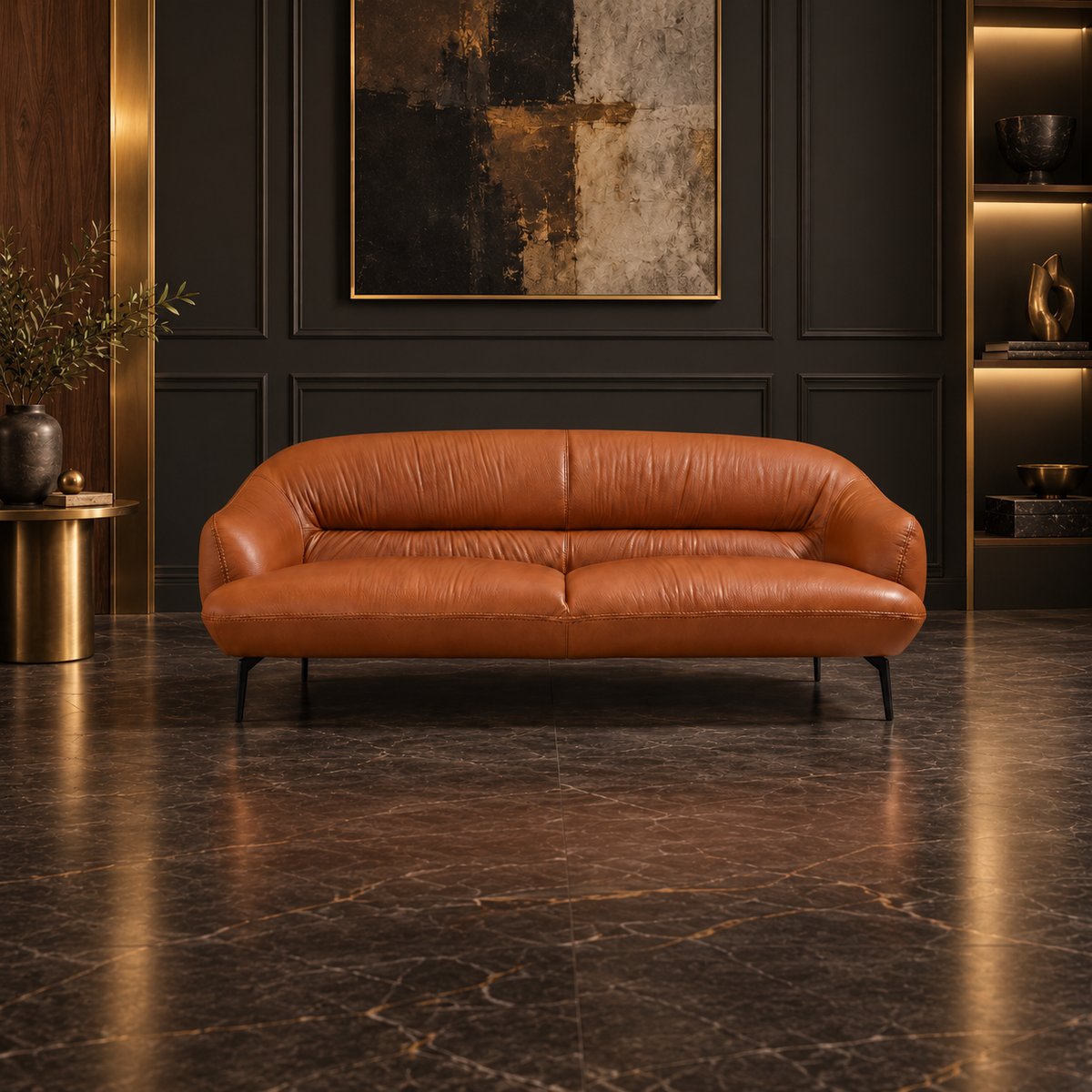 Leonia Cognac Sofa — cognac sofa in a dark luxury room.