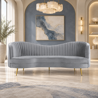 Grey Channel-Tufted Sofa with Gold-Tone Legs — front room view.