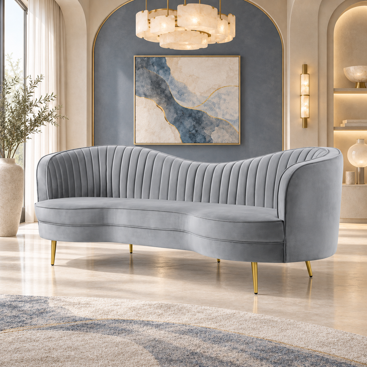 Grey Channel-Tufted Sofa with Gold-Tone Legs — grey sofa in a luxury room.