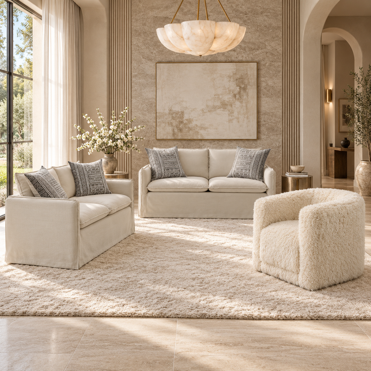 Beige Sofa, Loveseat and Swivel Chair Set — beige sofa, loveseat and swivel chair in a luxury room.